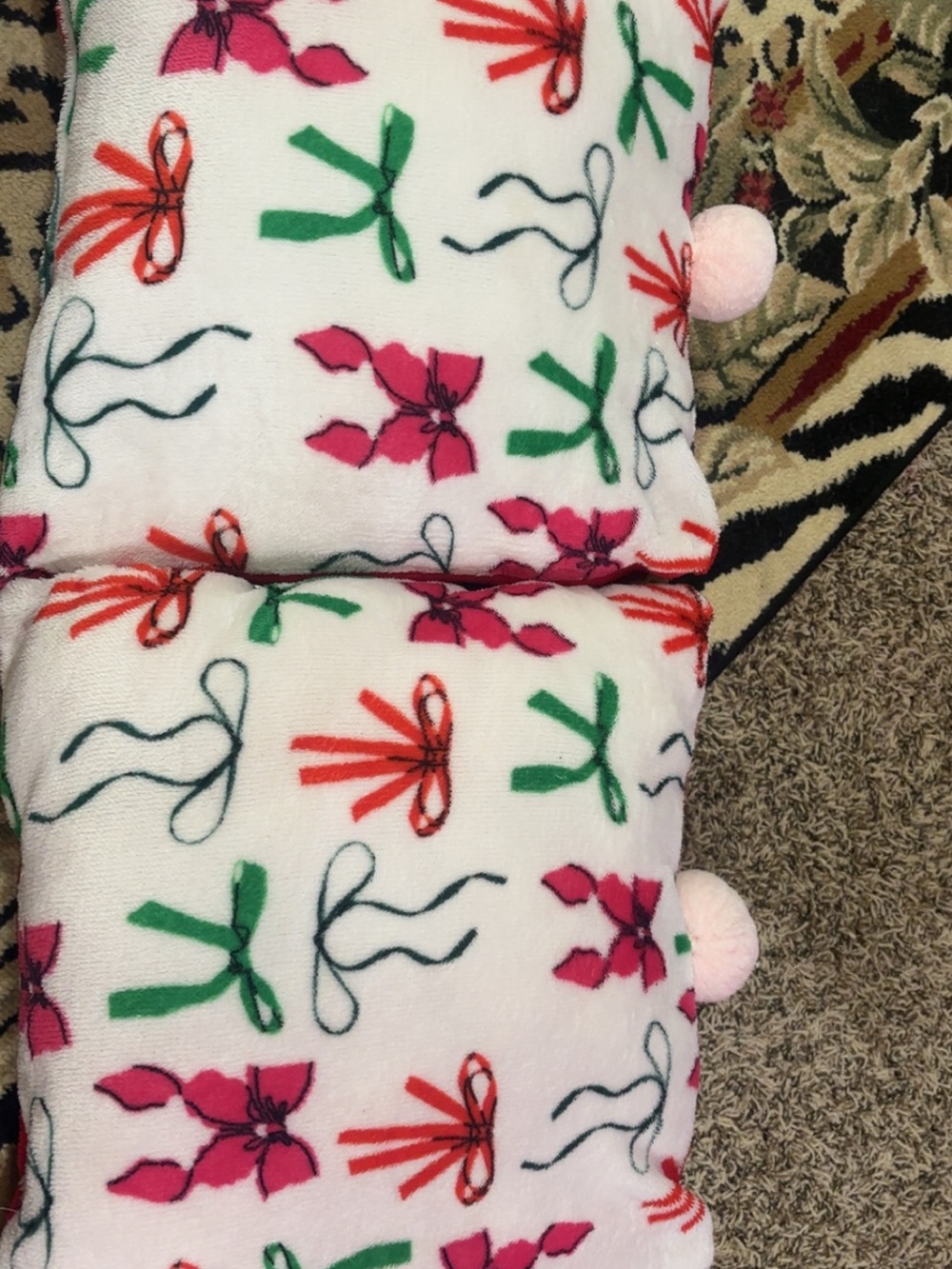 Floral Bow Accent Pillow Pair - Pink & Green on White